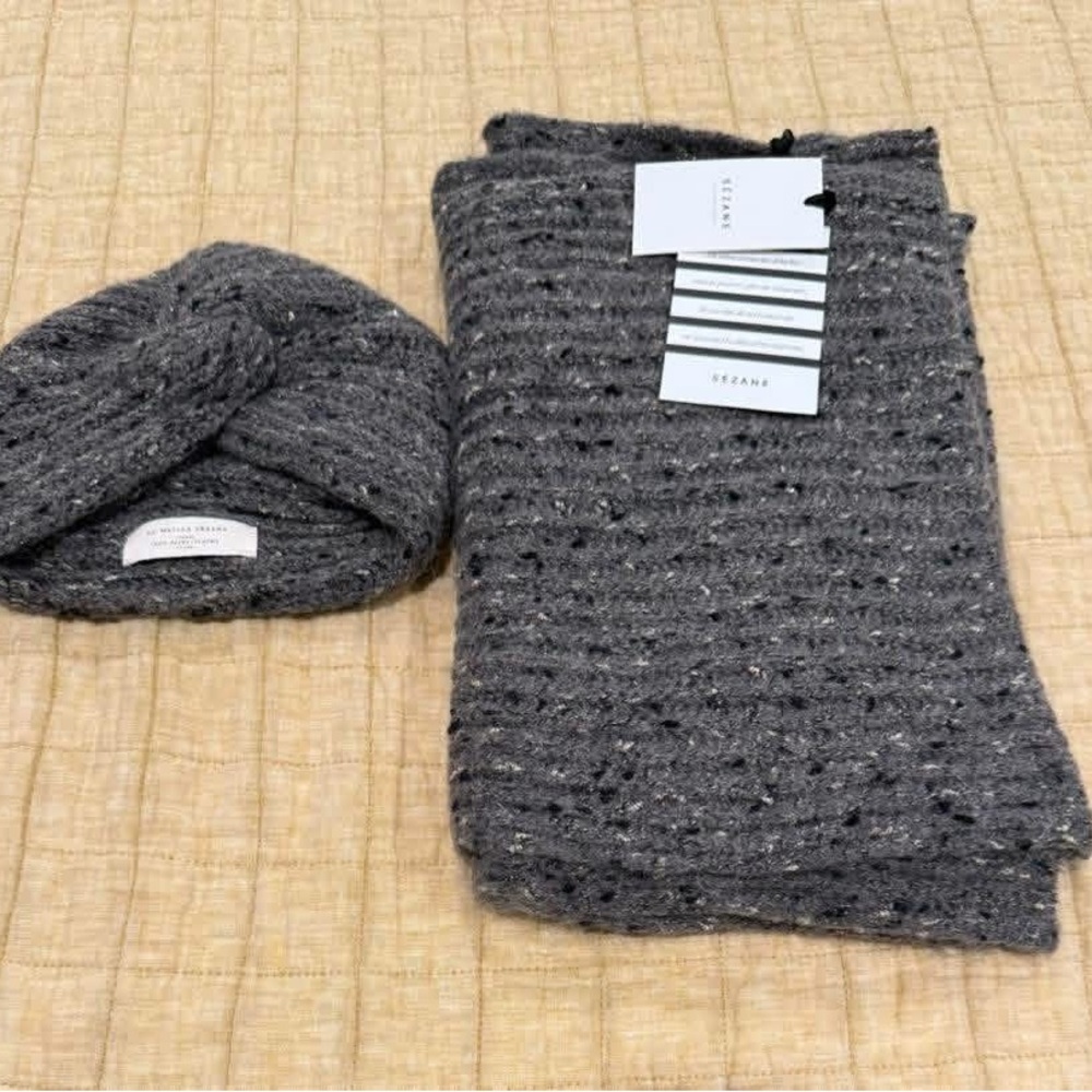 Sezane 🇫🇷 Charlotte Scarf and Beanie 2 pc Set Dark Grey Gris NEW